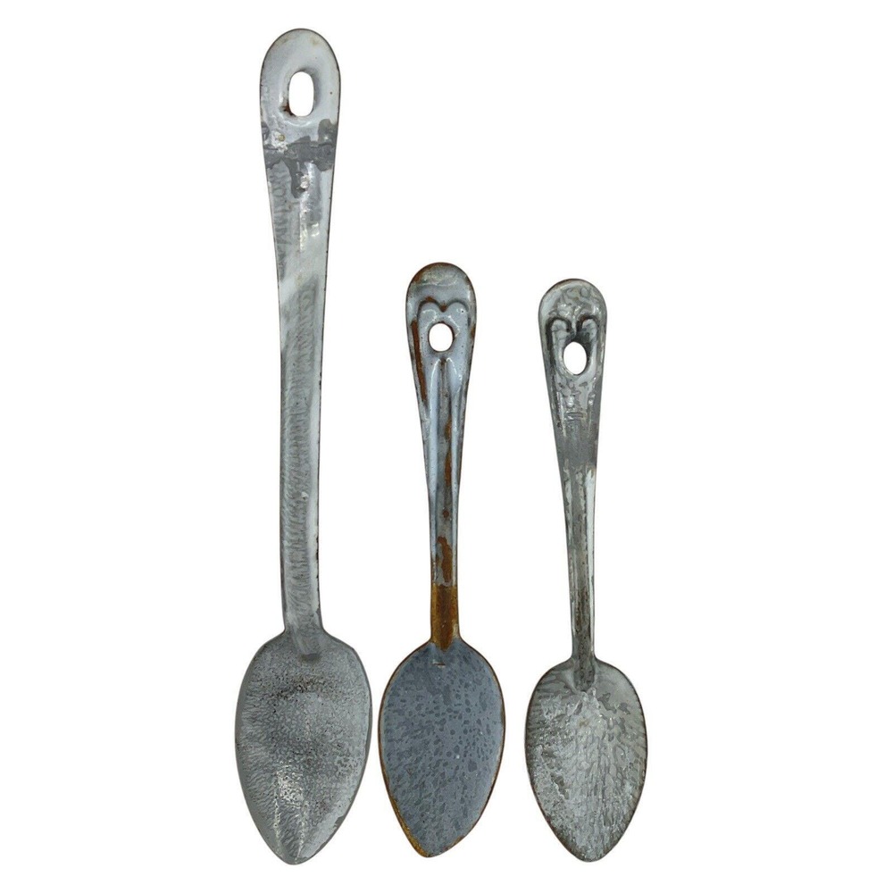 Vintage Metal Spoon Set Rustic Graniteware Kitchen‎ Utensils Primitive Decor Lot